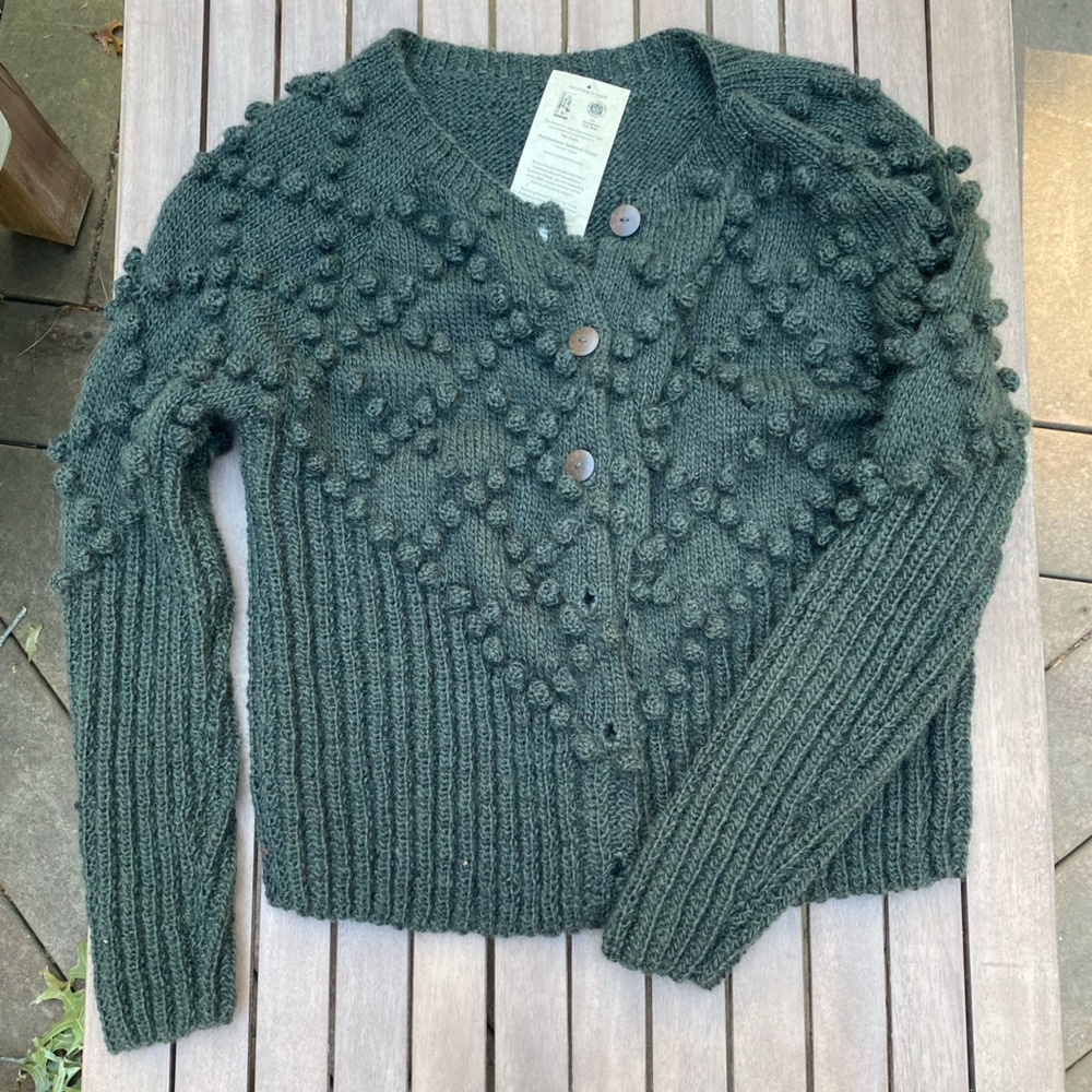 Chunky Bobble Knit Cardigan Sweater - Dark Green